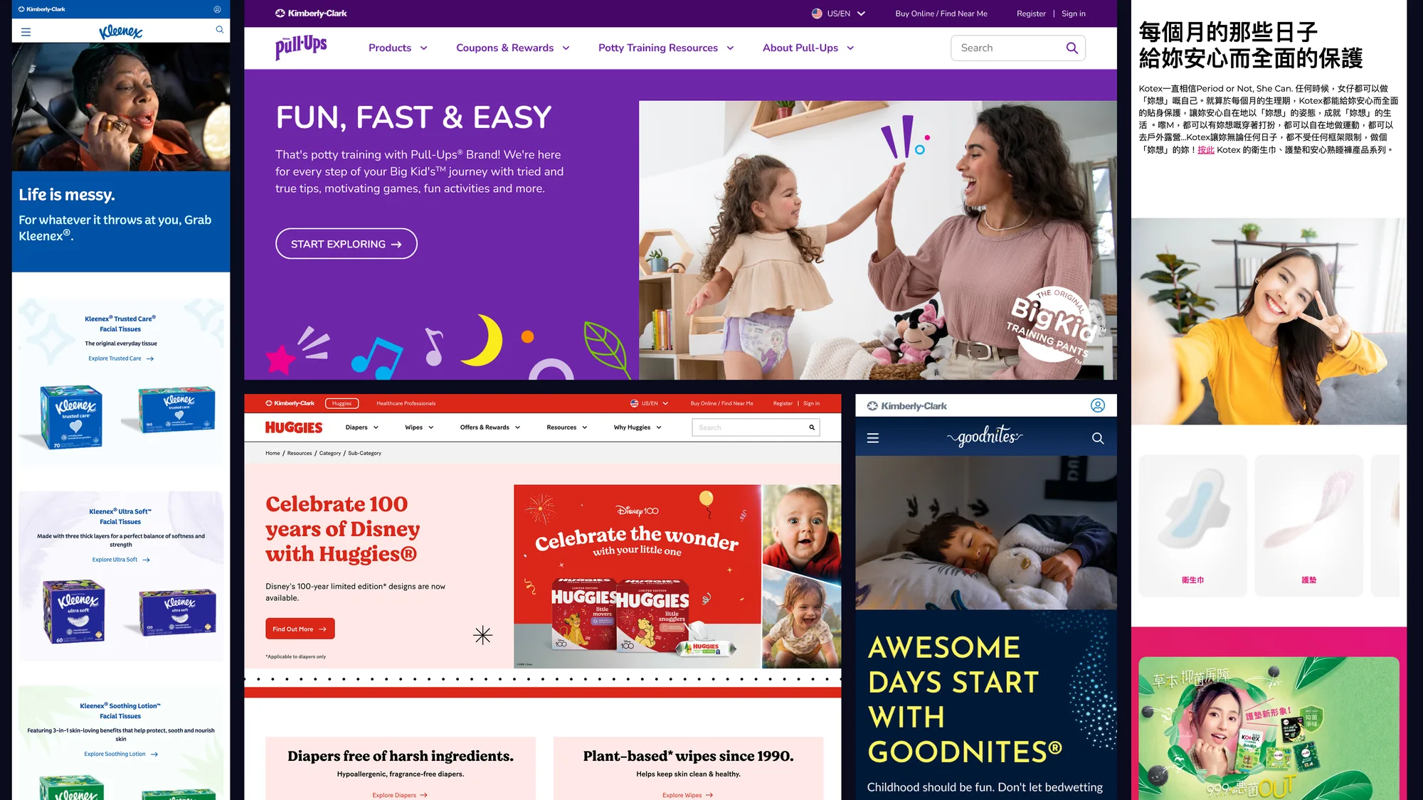 Brand websites across markets: Kleenex, Huggies, Pull-Ups, Kotex Hong Kong, Goodnites