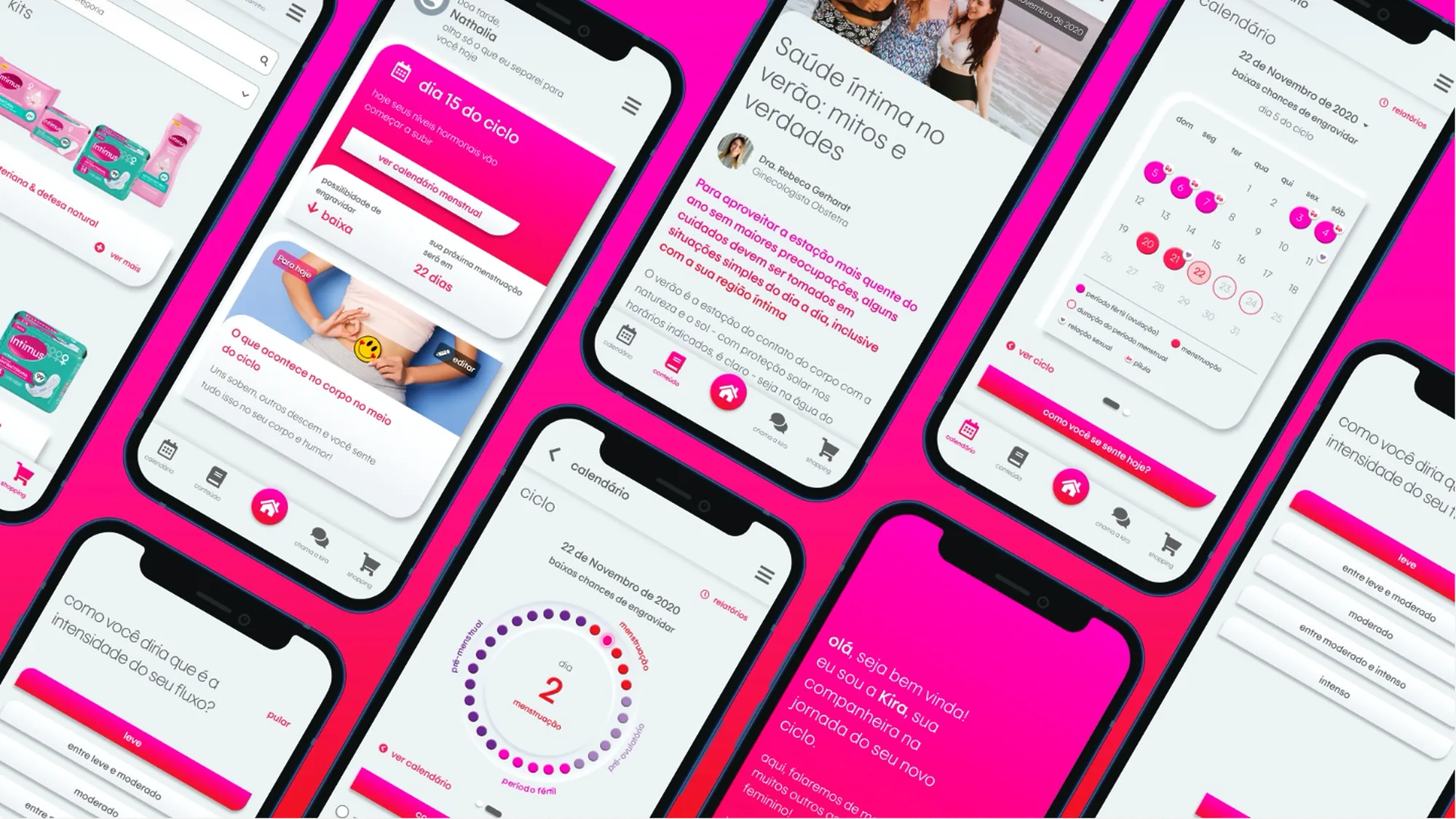 Kira app: period tracker, menstrual calendar, health content, and onboarding screens