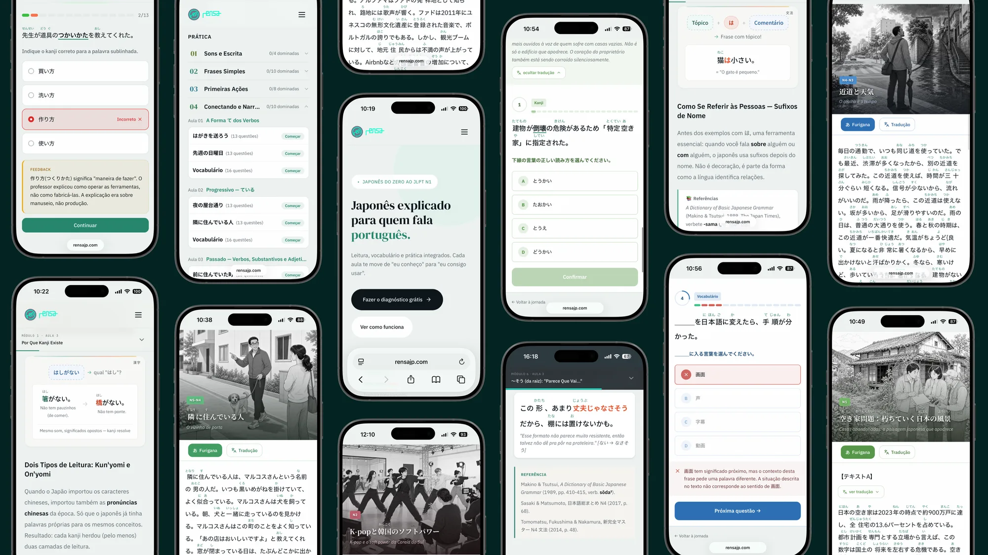 Rensa app: Japanese lessons, kanji practice, vocabulary exercises, reading passages, and grammar references